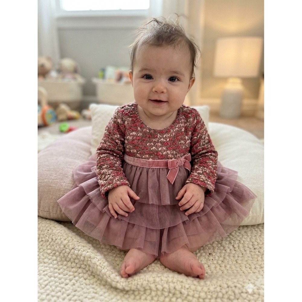 Isobella & Chloe Girls Dress Size 6M Pink Tulle Tiered Ruffle Velvet Bow Dressy